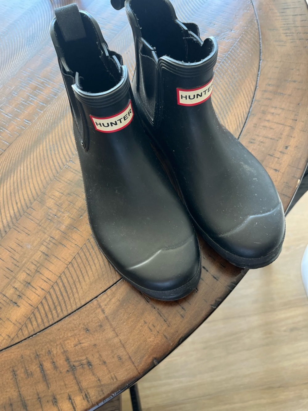 Hunter Women’s Black Chelsea Rain Boots with Red Logo